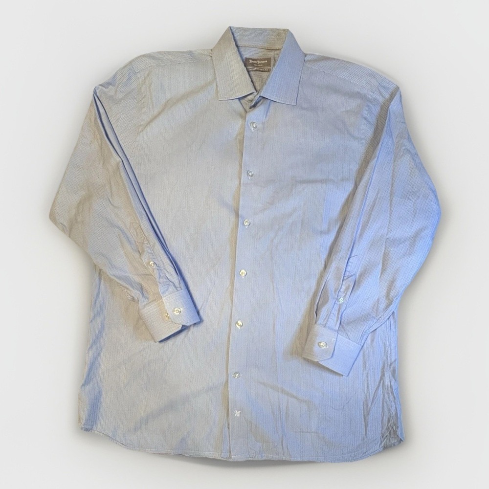 Hickey Freeman Mens 17.5 34/35 Blue Striped Contemporary‎ Fit Cotton Dress Shirt